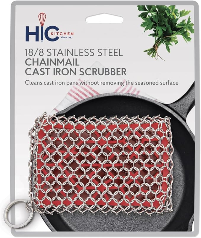 HIC Kitchen Chainmail Cast Iron Scrubber, 18/8 Stainless Steel and Silicone