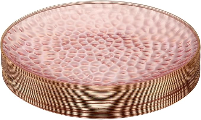 PLASTICPRO 30 Pack Hammered Plastic Plates Heavyweight Disposable Plastic Plates Elegant Clear Rim Platsic Party Dishes (Hammered Pink With Gold Rim, 7'' INCH PLATES)