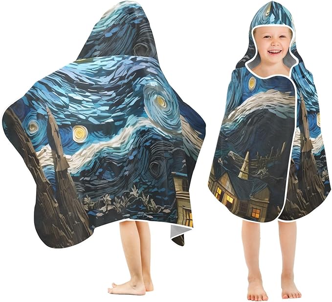 Hooded Towel for Kids Colorful Impressionist Night Sky Landscape Beach Wrap Bath Towels 50x23.5in