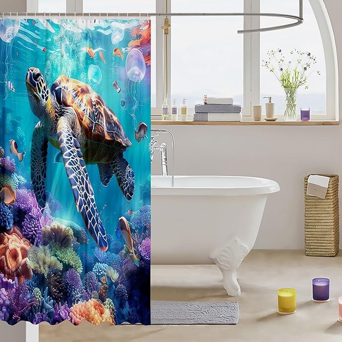 Kids Sea Turtle Waterproof Shower Curtain 72"Wx84"L Jellyfish Bath Curtain Coastal Creature Shower Curtain for Boys Girls Youth, Under Sea Shower Curtain Stall Ocean Sealife Toilet Bath Mat Decor