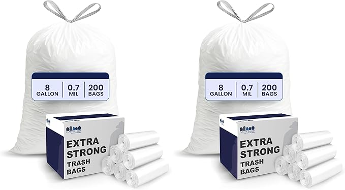 Plasticplace 8 Gallon Trash Bags -White Drawstring Garbage Can Liners - Leak-Resistant and Tear-Proof for Kitchen, Bathroom, Office, and Small Trash Cans 0.7 Mil- 200 Count (Pack of 2)