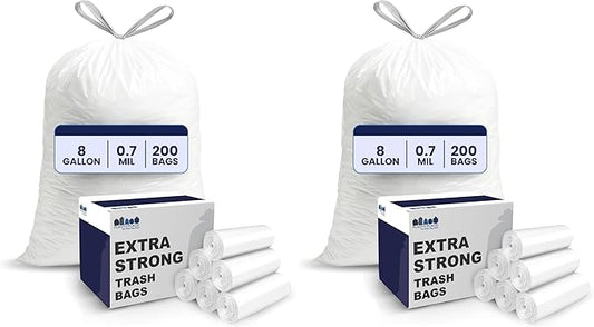 Plasticplace 8 Gallon Trash Bags -White Drawstring Garbage Can Liners - Leak-Resistant and Tear-Proof for Kitchen, Bathroom, Office, and Small Trash Cans 0.7 Mil- 200 Count (Pack of 2)