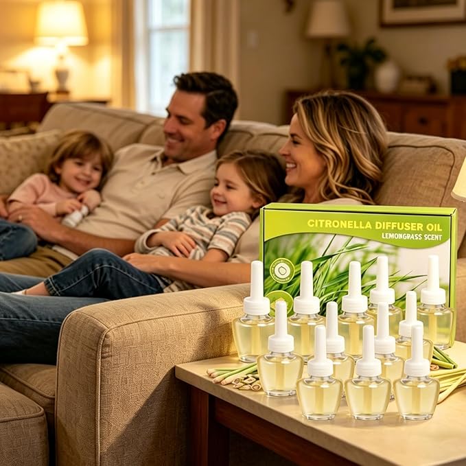 Citronella Plug In Air Freshener Refills, Lemongrass Fragrance, Compatible with Air Wick & Glade, Scented Plug In Refills for Bedroom, Bathroom, Patio, Camping, Courtyard, Pool, Outdoor Use, 12 Count