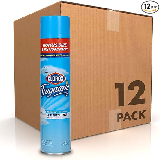 Clorox Fraganzia Aerosol Air Freshener Spray in Morning Sky Scent - Long-Lasting Odor Eliminator and Room Freshener for Home, Bathroom, Bedroom, and Kitchen, 20 oz Bonus Size - 12 Pack