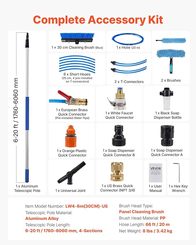 VEVOR Solar Panel Cleaning Kit, 20 ft, Water Fed Pole Kit with Cleaning Brush, Soap Dispenser, Extendable Aluminum Telescopic Pole, 180° Rotatable Brush Head, for Roof Mounted Solar Panels, Windows