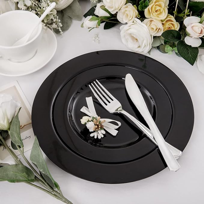 FLOWERCAT 60PCS Black Plastic Plates - Heavy Duty Black Disposable Plates for 30 guests Graduation Party/Wedding/Memorial Day - Include 30PCS 10.25inch Dinner Plates and 30PCS 7.5inch Dessert Plates