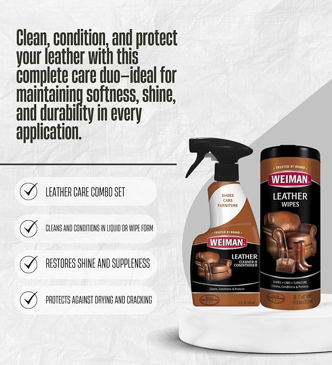 Weiman Leather Cleaner and Conditioner Couch 12 oz Liquid Bundle with Leather Wipes + Microfiber Towel – Cleans, Moisturizes, and Protects Surfaces from UV Damage – Gift Set (3 Items)