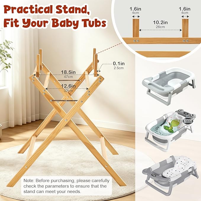FUNLIO Wooden Baby Bathtub Stand, Foldable Baby Bath Stand for 0-24 Months, Safe & Sturdy with 8-Point Support, Durable infant Tub with Waterproof Coating, 110lbs Capacity