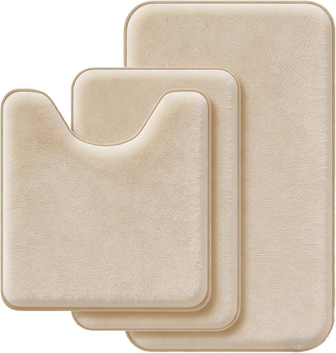 Beige Bath Mat Sets Extra Soft Memory Foam Bathroom Rugs 3 Piece Non Slip Absorbent & Dry Living Mat Sets Washable Bath Carpets with Toilet Rug,Bath Rugs for Bathroom,Tub,Shower,Kitchen,Bedroom