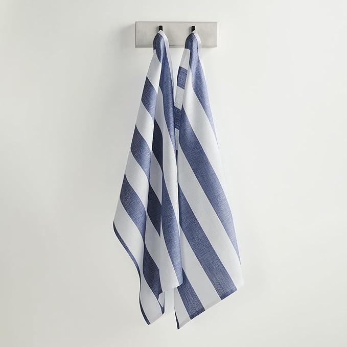 Solino Home Navy and White Linen Kitchen Towels Set of 2-100% Pure Linen 17 x 26 Inch Cabana Stripe Tea Towels with Hanging Loop - European Flax Kitchen Dish Cloth - Quick Dry & Machine Washable