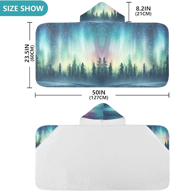 Hooded Towel for Kids Aurora Borealis in Woods Beach Wrap Bath Towels 50x23.5in