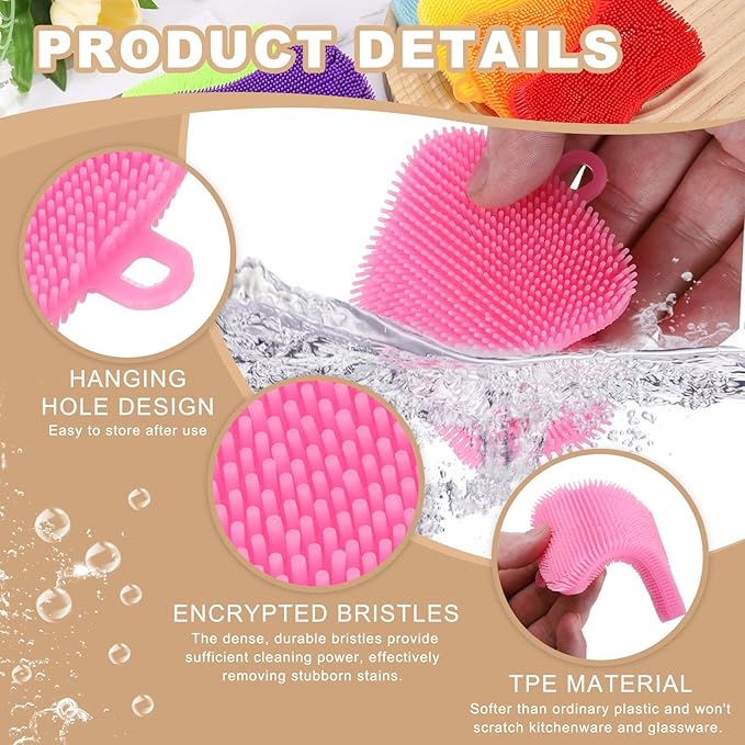 uxcell Silicone Dish Scrubber, 6 Pack Reusable Dishes Sponges Silicone Sponges Double Design for Kitchen Bathroom Cleaning Gadgets Accessories Countertop Cookware Pots Pans, Pink
