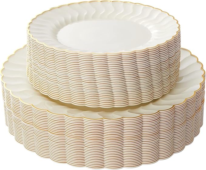 Lullaby 60PCS Ivory Scalloped Plastic Plates with Gold Rim, Disposable Elegant Plates Include 30pcs Dinner Plate 10.25", 30pcs Plastic Dessert Plate 7.5", Perfect for Wedding and Party