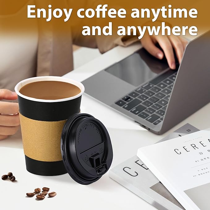 Clawsoff 100 Pack 12 oz Disposable Paper Coffee Cups with Lids and Sleeves, Leak-free Disposable Insulated Paper Cups for To Go Hot or Cold Beverages(Black)