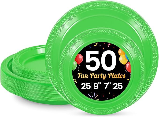 LANLISA 50 Pcs Lime Green Plastic Plates For Party, 25-9" & 25-7" Disposable Cake Dessert Plates For Birthday, Halloween, Summerween, Christmas Dinner
