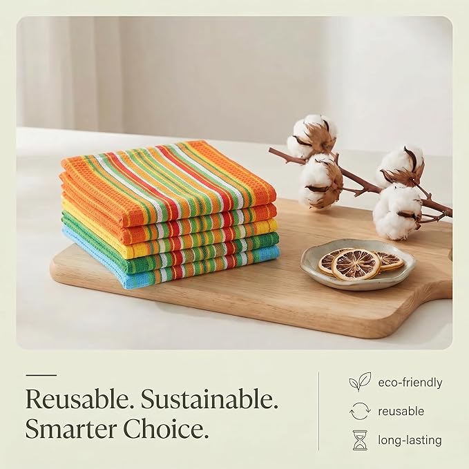 Urban Villa Kitchen Towels 100% Cotton Dish Towels for Kitchen(Set of 8)20”x30” Dish Cloths Highly Absorbent Kitchen Linen Set with Hanging Loop Perfect for Drying Dishes Cleaning Towels -Multi Color