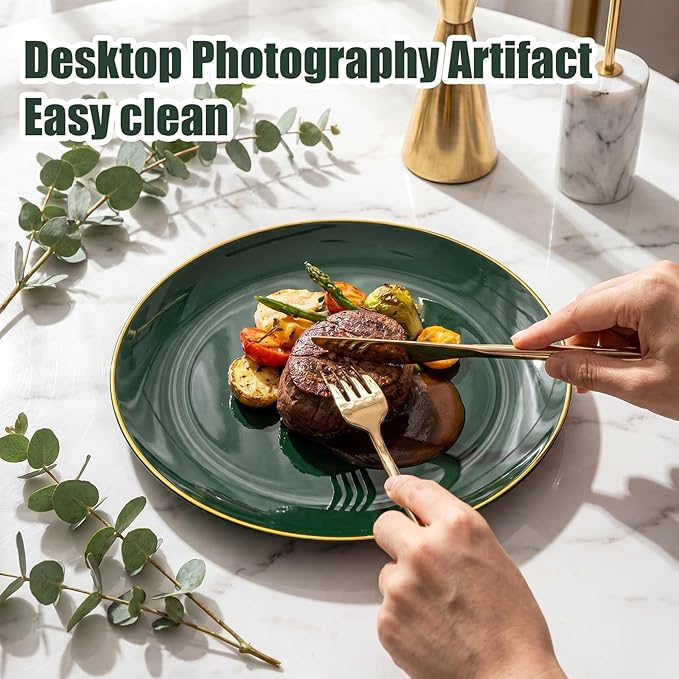 I00000 150Pcs Green Plastic Plates with Gold Rim, Fancy Disposable Plates,Green Plates Set include 30 Dinner Plate,30 Dessert Plate, 90 Plastic Silverware Set for Wedding&Party