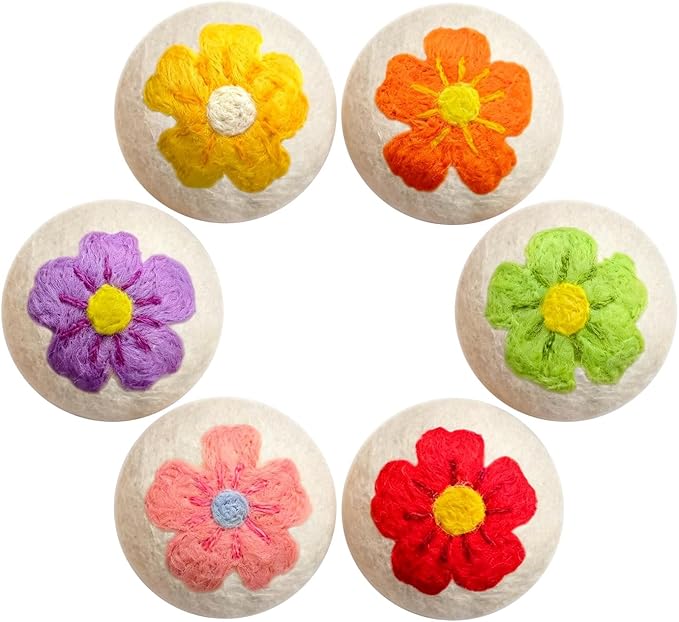 Wool Dryer Balls XL 6 Pack, Reusable Laundry Dryer Balls with Cute Floral Design, Reduce Drying Time, Soften Clothes, Anti Static, Eco Friendly Dryer Sheets Alternative