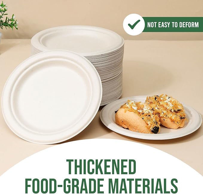 TaidMiao 7 Inch Paper Plates 100 Pack - 100% Compostable Disposable Plates, Heavy Duty Dessert Plates, Biodegradable Sugarcane Plates for Party (Microwavable, Oil/Water Proof, Eco-Friendly, Brown)
