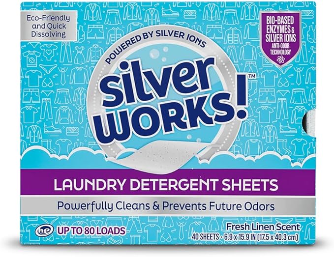 SilverWorks! Premium Dissolvable Laundry Detergent Sheets, Silver Ion Odor Elimination Technology, Powerfully Clean & Prevent Odors, Dissolves Fully, 40 Sheets, Fresh Linen