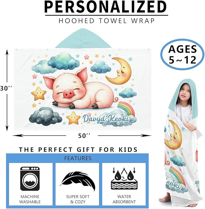 Pig on Clouds Personalized Kids Hooded Towel with Name Soft Absorbent Beach Pool Bath Towels Hood Poncho for Boys Girls