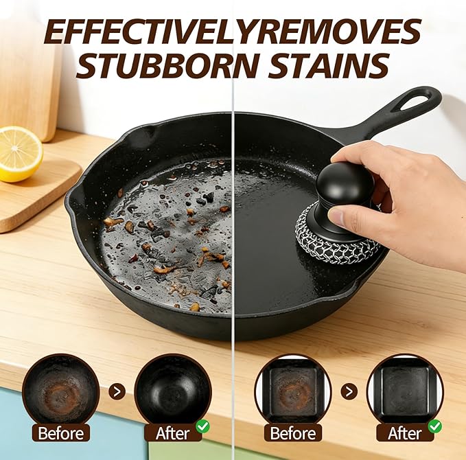 316 Upgraded Cast Iron Scrubber with Pan Scraper,Cast Iron Cleaner for Grill Pan Skillet Wok Carbon Steel,Ergonomic to Hold Easy to Use Dishwasher Safe ((Large Chain Mail))