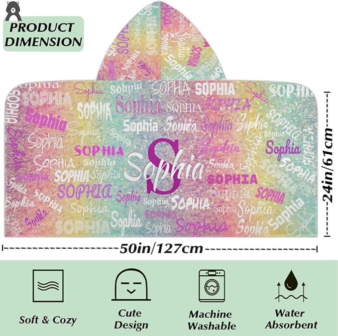 Custom Kids Hooded Beach Towel with Name, Swimsuit Cover-up Wrap Travel Holiday Bath Towel with Snaps, One Size, Colorful Rainbow Glitters Effect Name Ranked Print