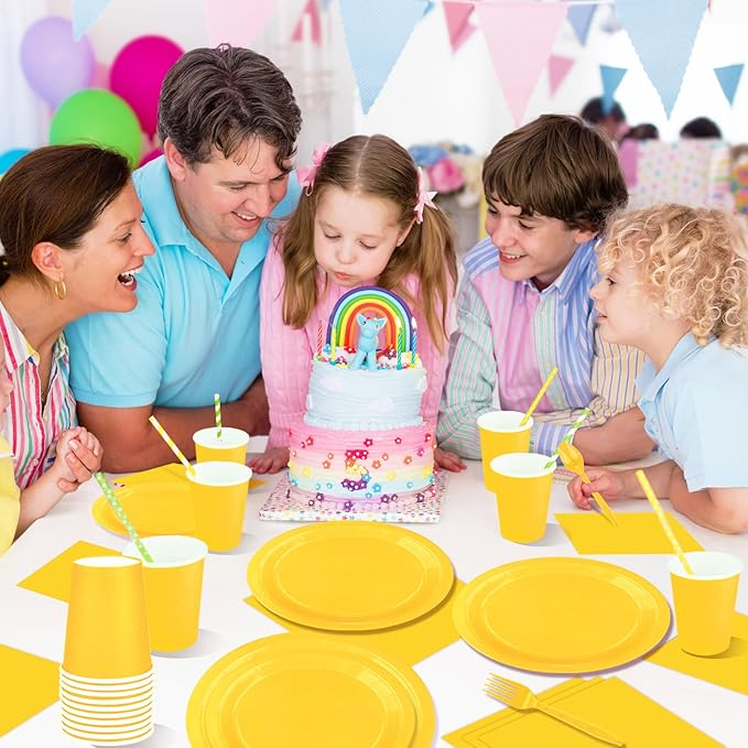 228PCS Yellow Party Supplies Set Include Paper Plates Cups Paper Napkins Plastic Spoons Forks Knives for 30 Guests Disposable Party Dinnerware for Birthday Wedding Family Picnic