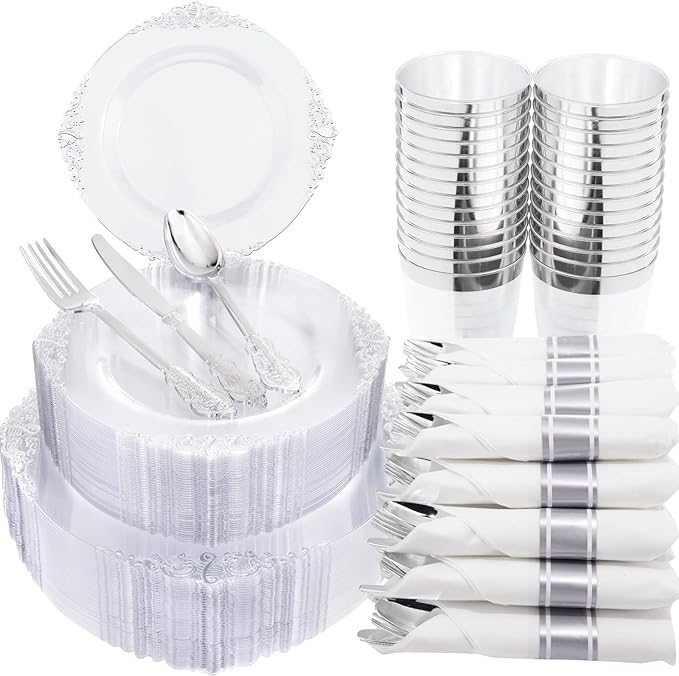 Morejoy 350PCS Clear Silver Plastic Plates - Silver Disposable Plates sets Include 50 Dinner Plates,50 Salad Plates,50 Forks,50 Knives, 50 Spoons，50 Cups, 50 Rolled Napkins for Wedding & Christmas