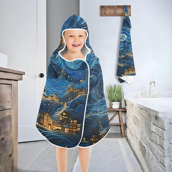 Hooded Towel for Kids Dreamy Town in Galaxy Beach Wrap Bath Towels 50x23.5in