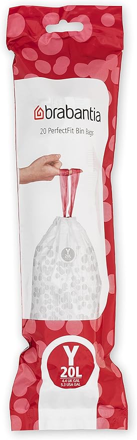 Brabantia PerfectFit Trash Bags (Size Y/5.3 Gal) Thick Plastic Trash Can Liners with Drawstring Handles (120 Bags)