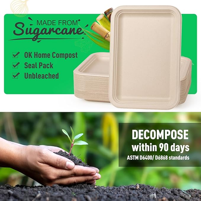 Gezond 50 Pack 14 Inch Disposable Food Trays Eco-friendly Heavy-Duty Large Paper Plates Compostable Sugarcane Platters for Crawfish Lobster Seafood Party Natural