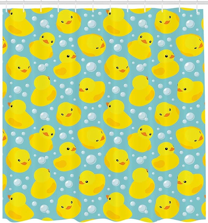Ambesonne Cartoon Shower Curtain, Happy Rubber Duck and Bubbles Pattern Theme Art, Cloth Fabric Bathroom Decor Set with Hooks, 69" W x 75" L, Yellow Aqua
