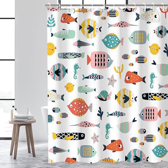 RosieLily Fish Shower Curtain, Kids Bathroom Nautical Set With 12 Hooks, Waterproof Colorful Animal Cartoon Fish Decor, 72 x 84 Inch