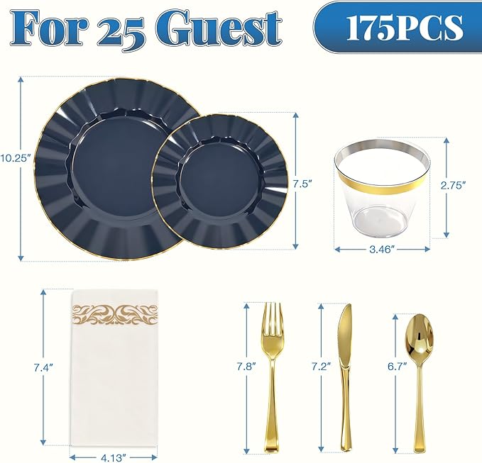 175 Plastic Dinnerware Set, Disposable Dinnerware Set for 25 Guests Include 50 Plastic Plates,25 Silverware Set,25 Cups and 25 Napkins for Graduation Party Wedding(Navy Blue and Gold)