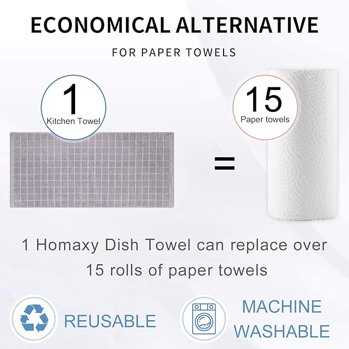 Homaxy 100% Cotton Terry Kitchen Towels(White and Light Grey, 13 x 28 Inches), Checkered Designed, Soft and Super Absorbent Dish Towels, 4 Pack