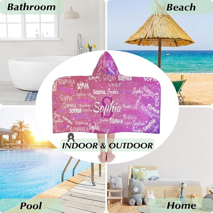 Custom Name Kids Hooded Bath Beach Towel Girls Boys, Swim Pool Cover Up Absorbent 50in x 24in, One Size, Wrap Bath Towels Beach Poncho, Pink Glitters Effect Print