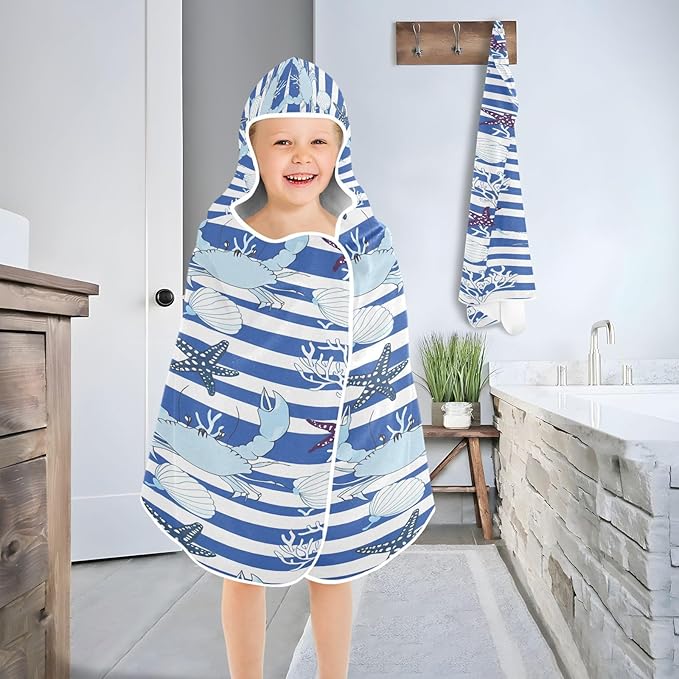 CEBUGI Shell Starfish Hooded Bath Towel for Kids Absorbent Soft Bath Towel Wrap with Hood 50x23.5in Pool Beach Shower Towel for Boys Girls