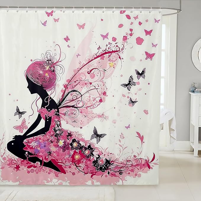 Decorative Butterfly Wings Shower Curtain Waterproof Polyester Fabric,Pink Flowers Bath Curtain Home Bathroom Decor Hanging Curtain with Hooks 72 x 78 Inch,Machine Washable