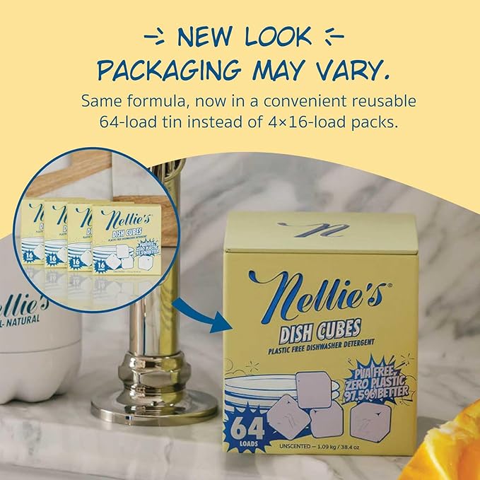 Nellie’s Dish Cubes – 64 Loads Dishwasher Detergent – Concentrated Formula – Plastic-Free Formula (PVA-Free) – Tin Packaging – Powerful Cleaning for Grease & Grime – Made in Canada