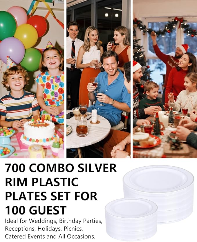 GATHER 700PCS Silver Plastic Plates - Silver Disposable Dinnerware Sets 100 Guest Include 200 Plates, 300 Silverware, 100 Napkins, 100 Cups For Wedding & Party