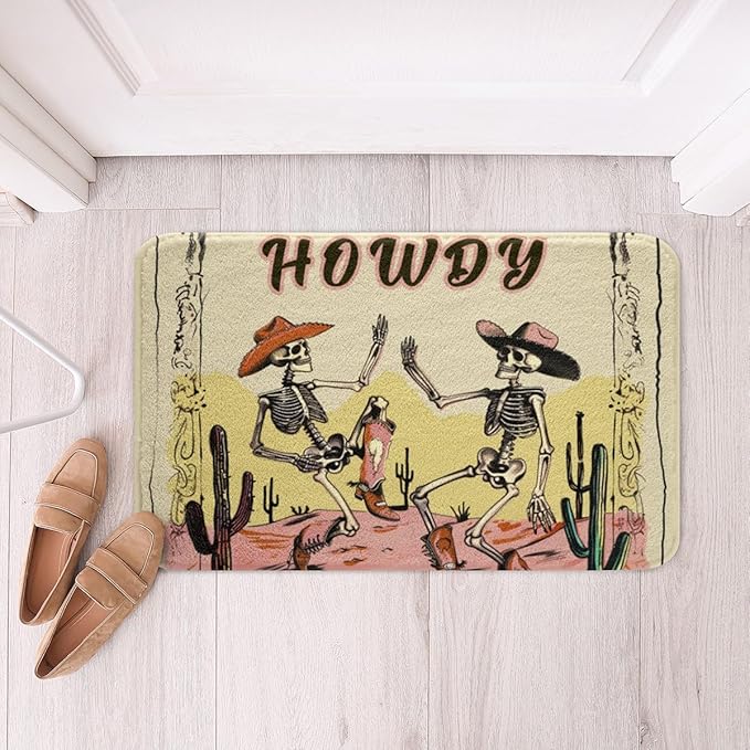 Manfei Western Bath Mats Western Cowboy Skeleton Bathroom Mats Rugs for Kids Boy Room Decor, Wild West Desert Cactus Bath Carpets, Non Slip Absorbent Plush Floor Mats, 20Wx32L Inches