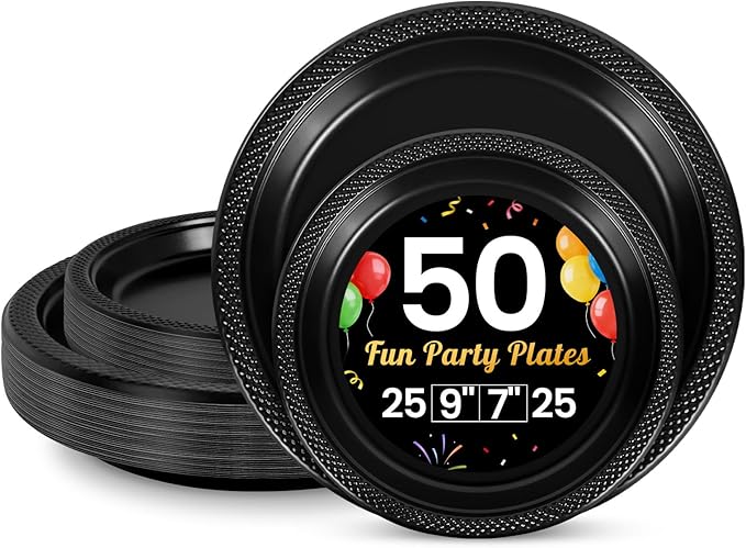 LANLISA 50 Pcs Black Plastic Plates For Party, 25-9" & 25-7" Disposable Cake Dessert Plates For Birthday, Graduation, Halloween Dinner