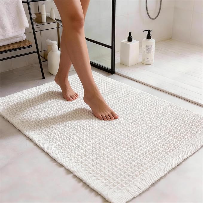 Waffle Bathroom Rugs, Non Slip Absorbent Waffle Knit Bath Mat for Shower Floor, Tub and Bathroom Door, Ultra Soft Quick Dry, Cream White, 17''x24''