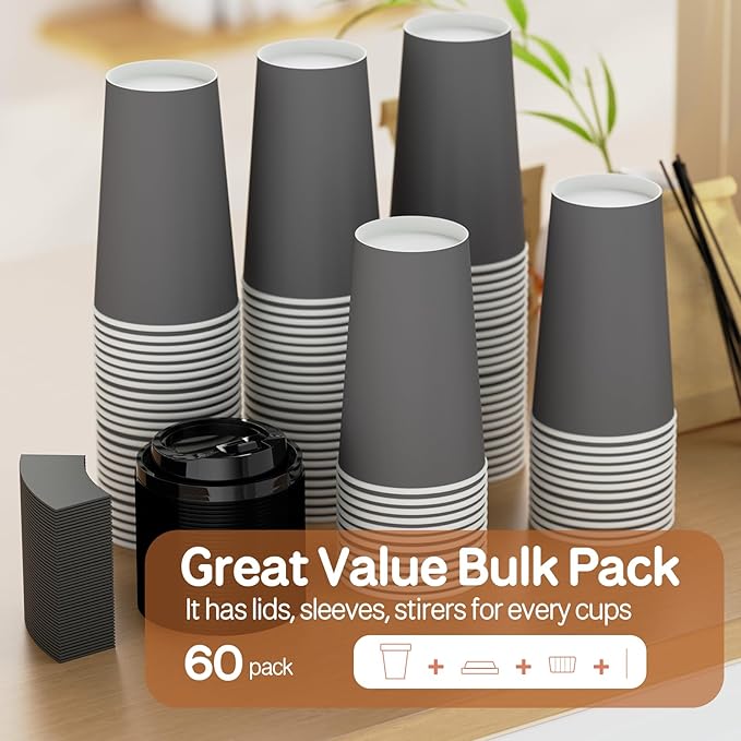 Clawsoff 100 Pack 12 oz Disposable Paper Coffee Cups with Lids and Sleeves and Stirring Sticks, Leak-free Disposable Insulated Paper Cups for To Go Hot or Cold Beverages(Gray)