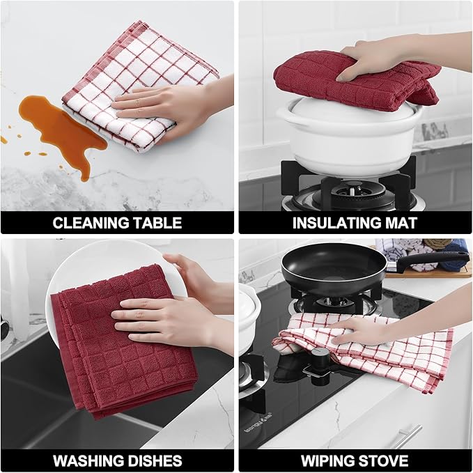 Homaxy Premium Cotton Kitchen Towels 16"x 28", Large Natural Ring Spun 390 GSM Dish Towels, Super Absorbent Terry Kitchen Hand Towels, Soft Tea Towels with Hanging Loop, Red Check Design, 12 Pack