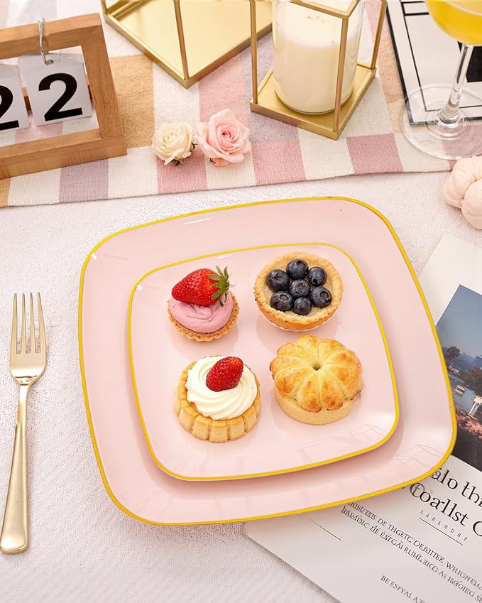bUCLA 100PCS Pink Plastic Plates - Heavy Duty Square Pink and Gold Disposable - Include 50 Dinner 10 inch & 50 Dessert 7.25 inch Plates for Party & Weeding