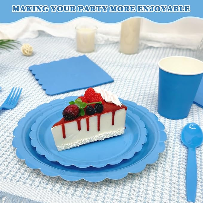 Vyntra 350 Pcs Blue Disposable Paper Plates and Napkins Set for 50, 9" Dinner Plates & 7" Dessert Plates, Tableware for Baby Shower, Birthday, Picnic, Party