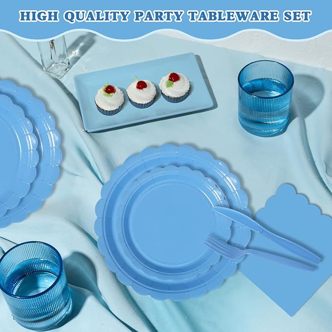 Vyntra 350 Pcs Blue Disposable Paper Plates and Napkins Set for 50, 9" Dinner Plates & 7" Dessert Plates, Tableware for Baby Shower, Birthday, Picnic, Party