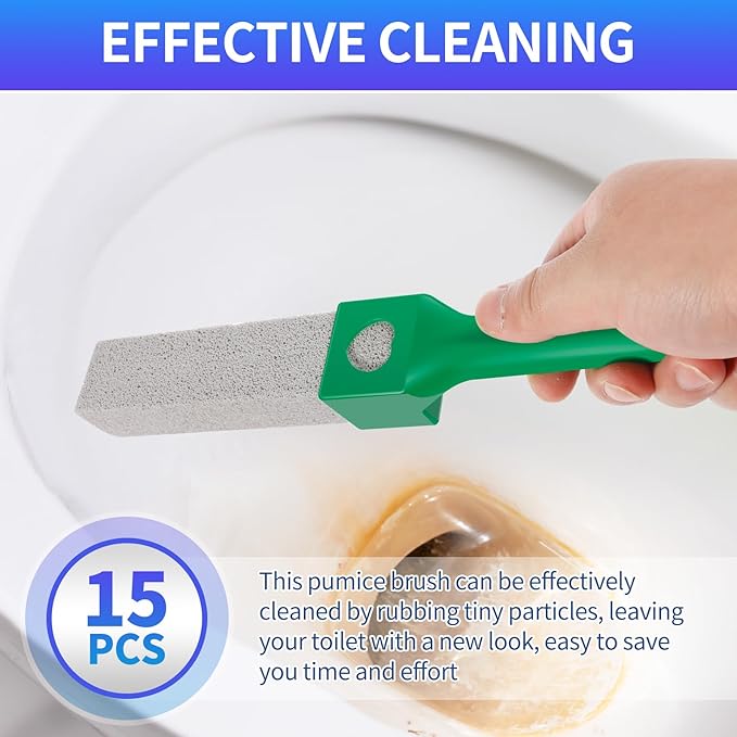 15 Packs Pumice Cleaning Stone, Pumice Stone for Toilet Cleaning with Removable Extra Long Handle, Powerful Cleaner for Hard Water Rings,Calcium Stains, Stone Toilet Bowl Cleaner for Home (15, Green)